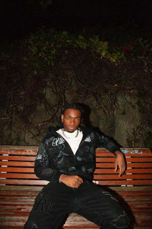 Postmark Print Hoodie With Rhinestones - black