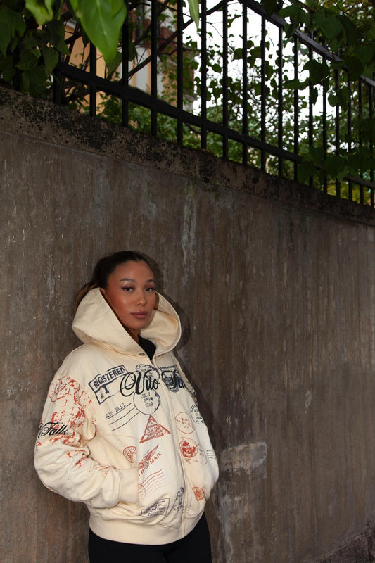 Postmark Print Hoodie With Rhinestones - cream