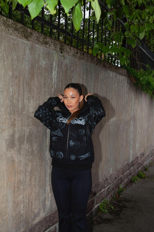 Postmark Print Hoodie With Rhinestones - black